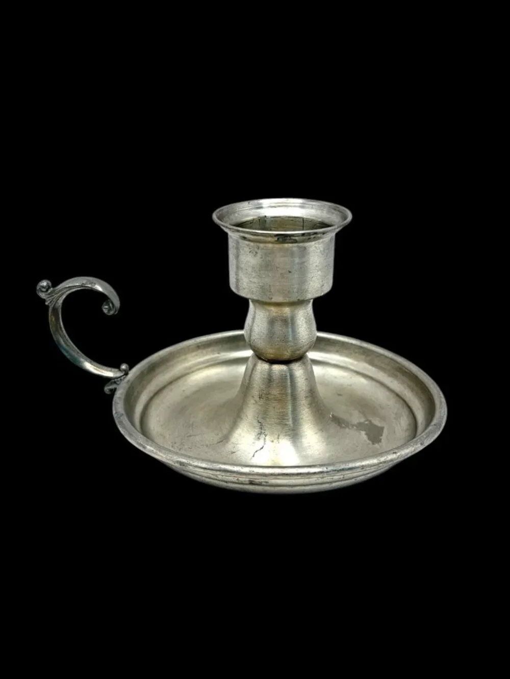 Vintage Pewter Chamberstick Candlestick Finger Handle Colonial Style 5.5
